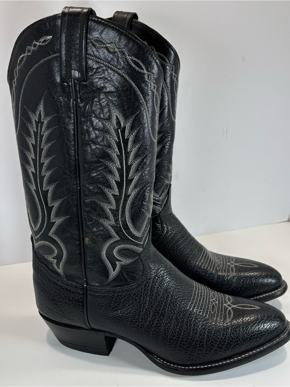 Tony Lama Western Cowboy Black Bull Hide Leather Boots Mens 10 D Embroidered